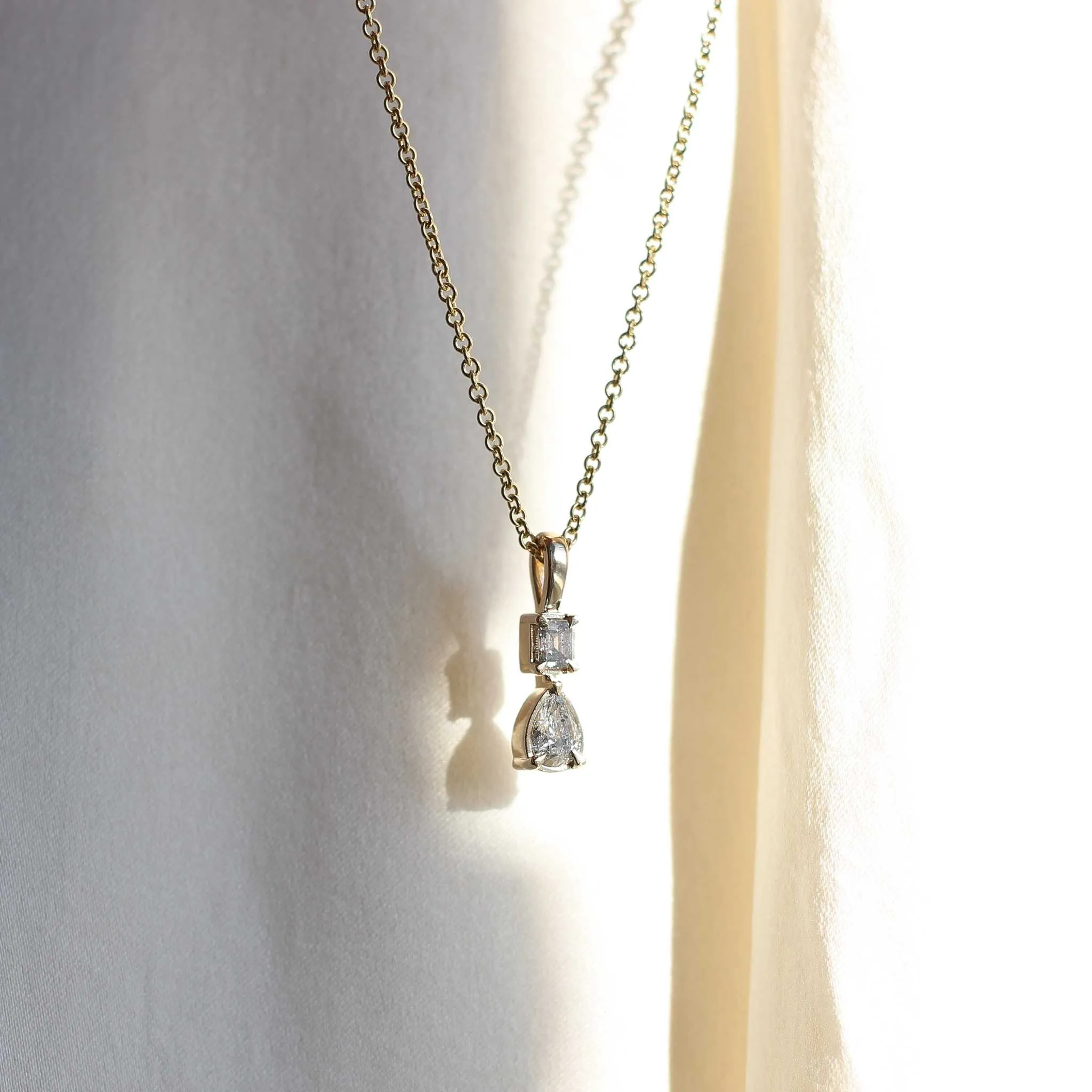 0.30ct Emerald Cut and Pear Diamond Toi Et Moi Necklace