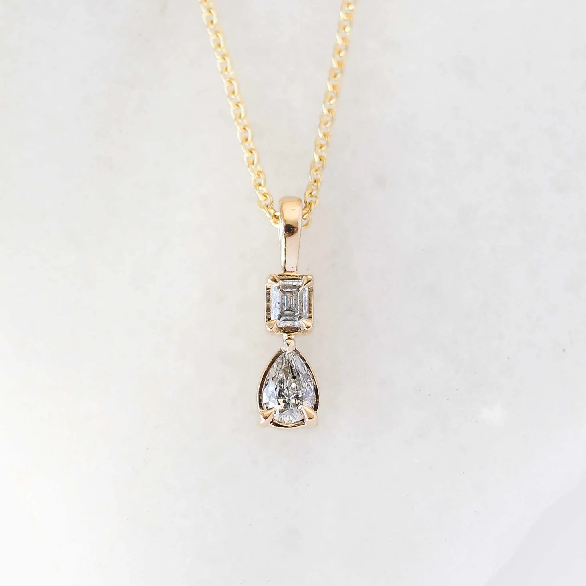 0.30ct Emerald Cut and Pear Diamond Toi Et Moi Necklace