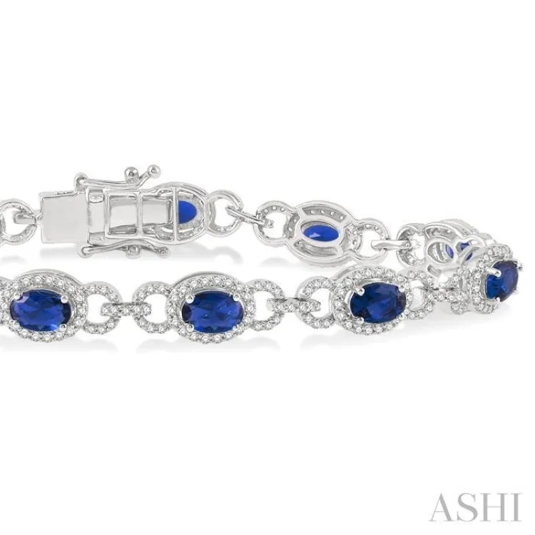 1 3/4 Ctw Round Cut Diamond & 6x4MM Oval Cut Sapphire Precious Bracelet in 14K White Gold