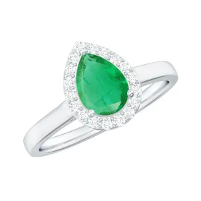 1 CT Emerald Teardrop Engagement Ring with Diamond Halo