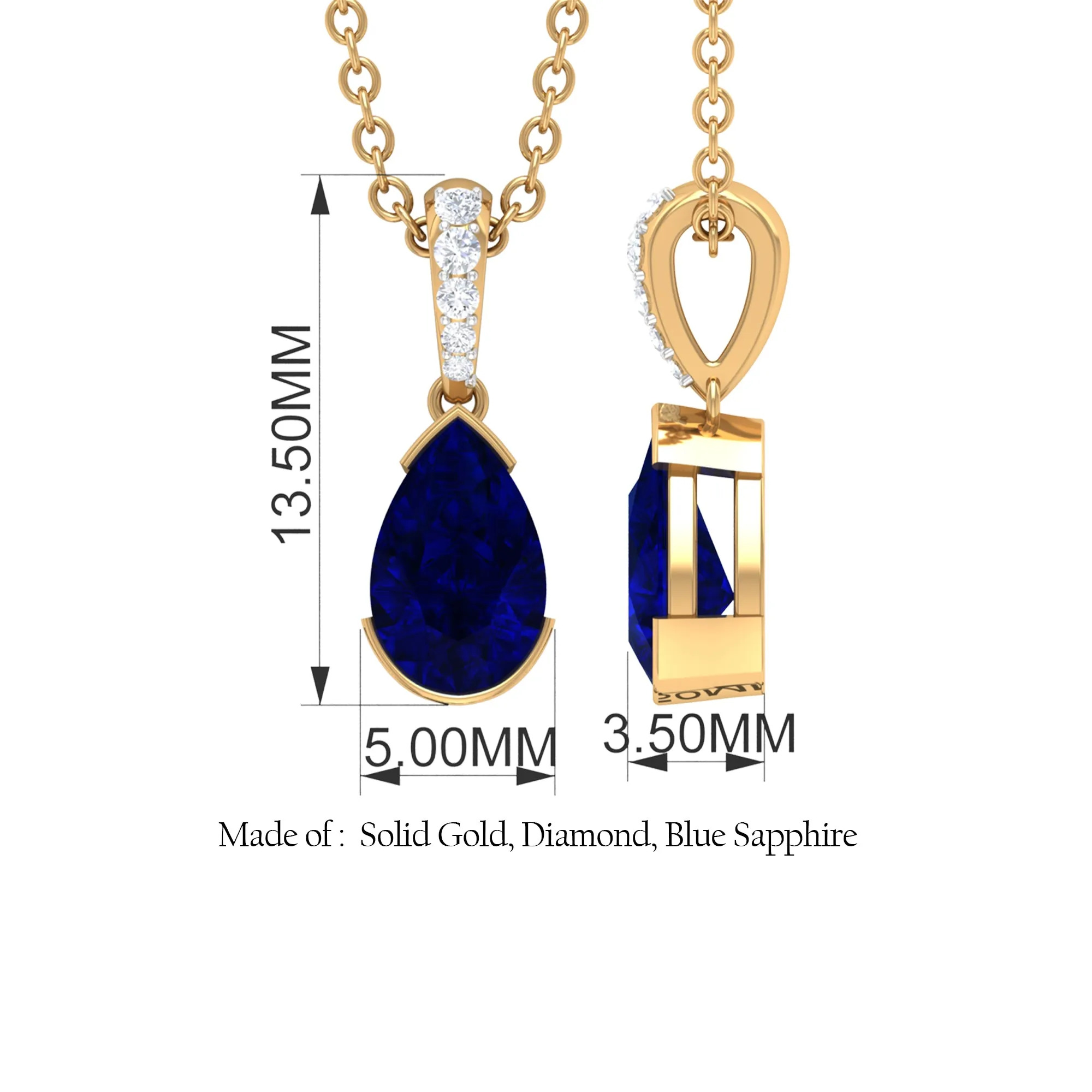 1 CT Pear Cut Blue Sapphire Solitaire Pendant in Half Bezel Setting with Diamond Accent Bail