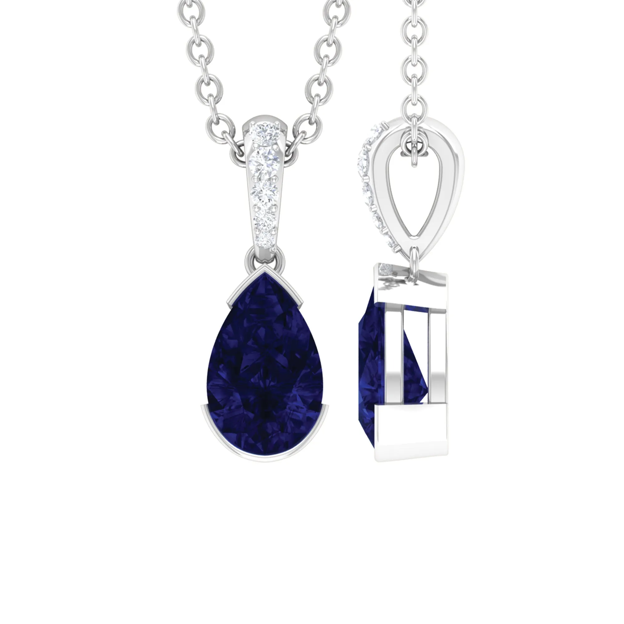 1 CT Pear Cut Blue Sapphire Solitaire Pendant in Half Bezel Setting with Diamond Accent Bail