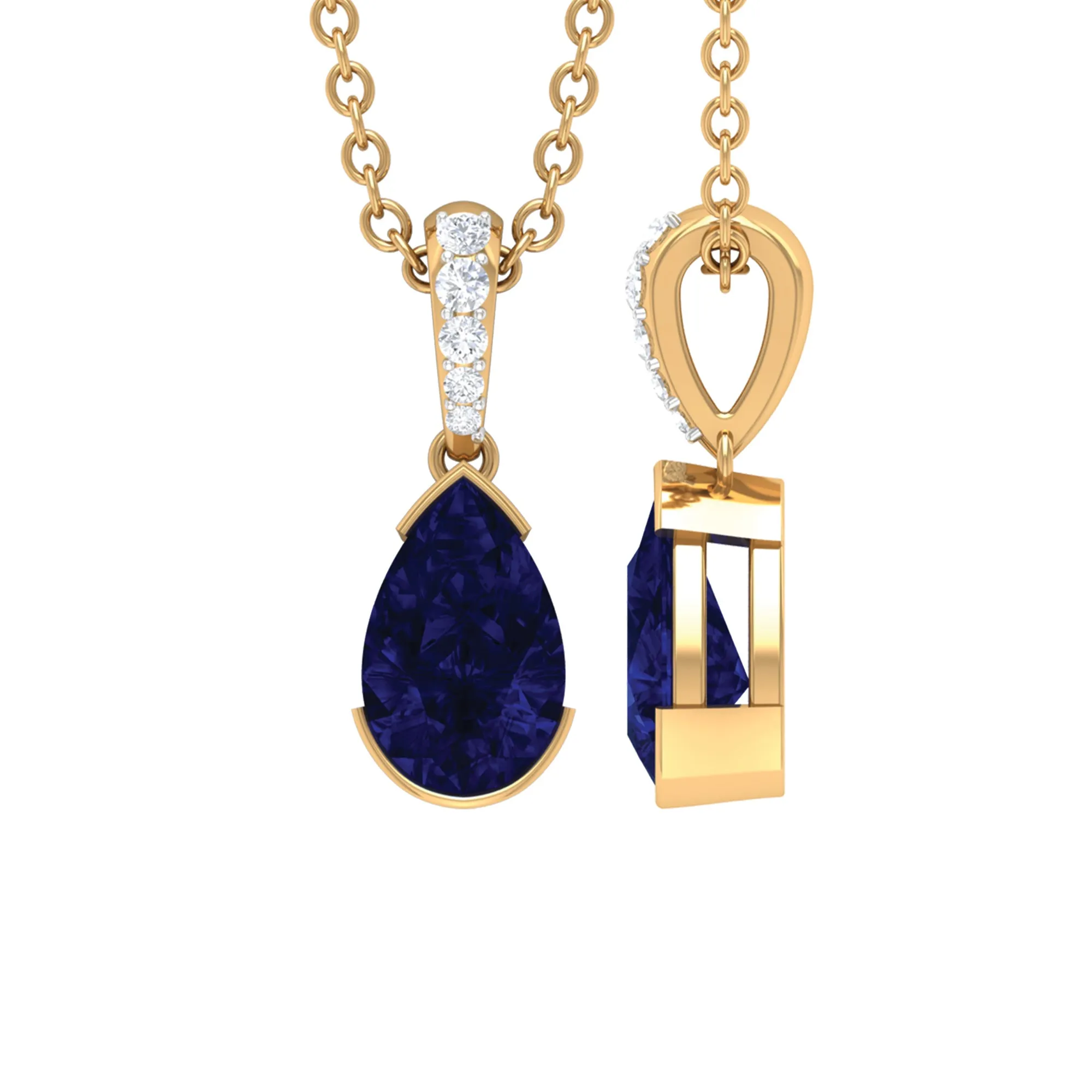 1 CT Pear Cut Blue Sapphire Solitaire Pendant in Half Bezel Setting with Diamond Accent Bail