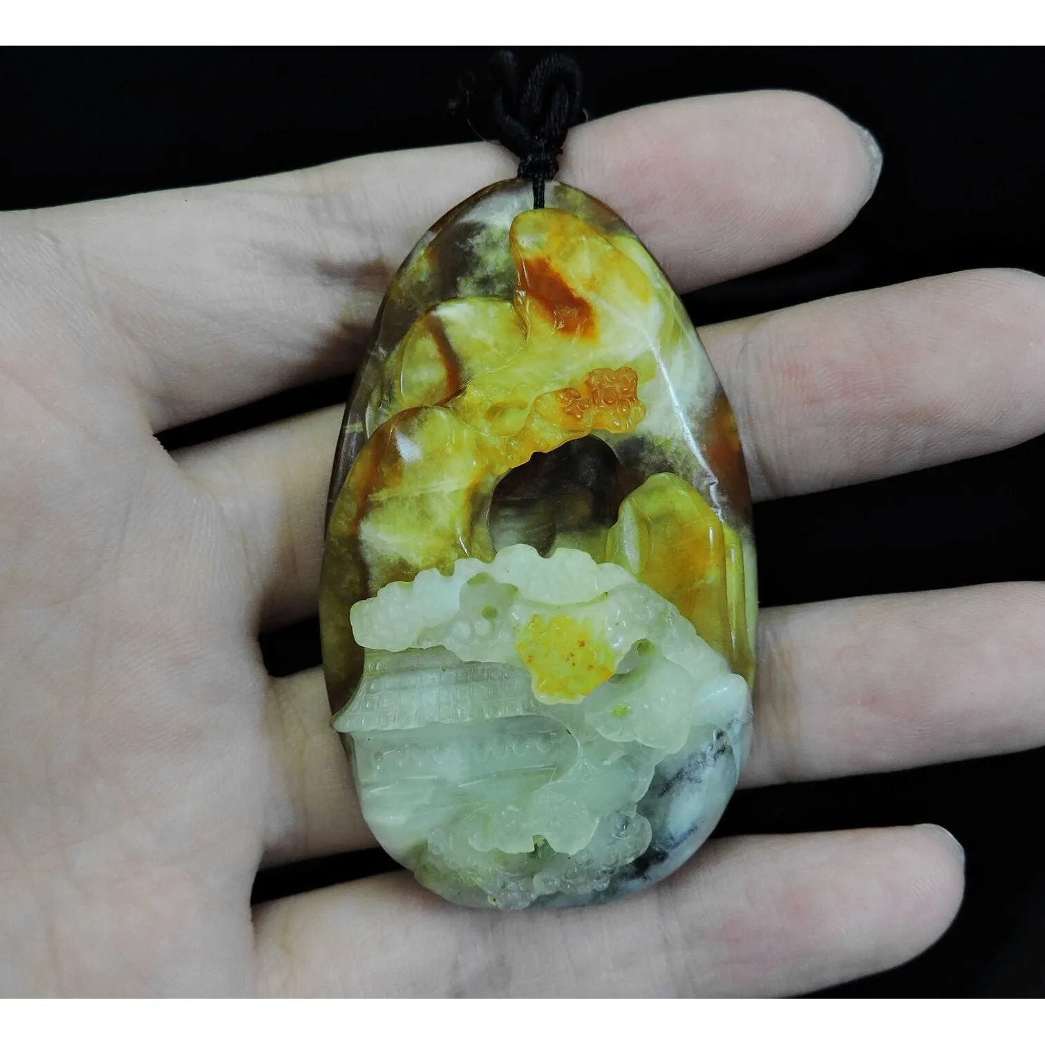 100% Natural Hand-Carved Jade Pendant Jadeite Necklace Landscape