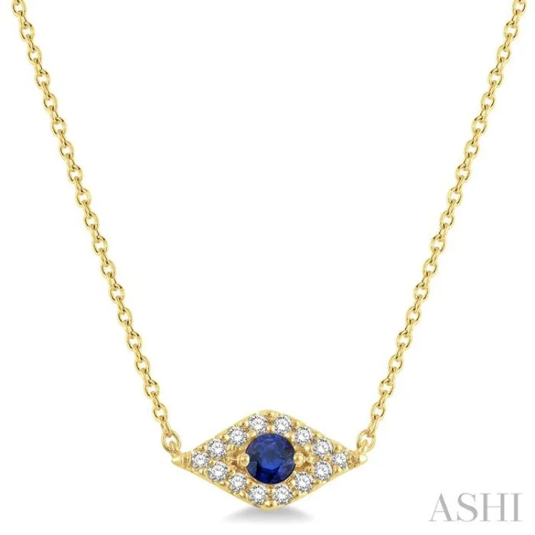 1/10 ctw Evil Eye Round Cut Diamond & 2.60MM Round Cut Sapphire Precious Petite Fashion Necklace in 10K Yellow Gold