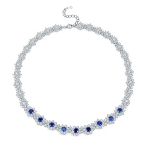 12.96 Carat Round Lab-Created Sapphire and Sterling Silver Beaded Floral Necklace