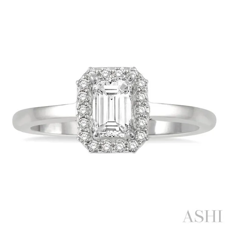 1/3 ctw Round Cut Diamond Engagement Ring With 1/4 ctw Emerald Cut Center Stone in 14K White Gold