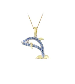 14k 2/tone 15mm Dolphin Pendant with 21 Pastel Blue Sapphires