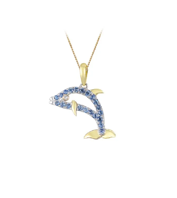 14k 2/tone 15mm Dolphin Pendant with 21 Pastel Blue Sapphires