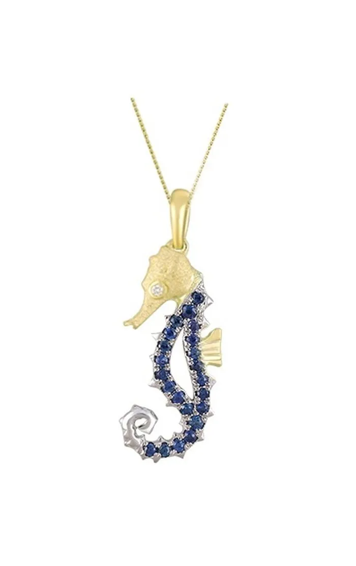 14k 2/tone Single Sea Horse Pendant with Diamond and 22 Blue Sapphires