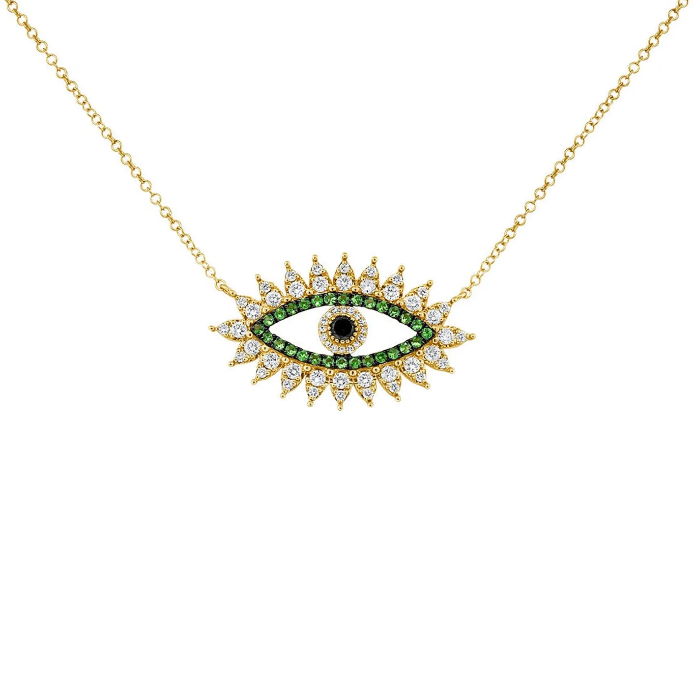 14K GOLD DIAMOND EMERALD AND BLACK DIAMOND EVIL EYE NECKLACE