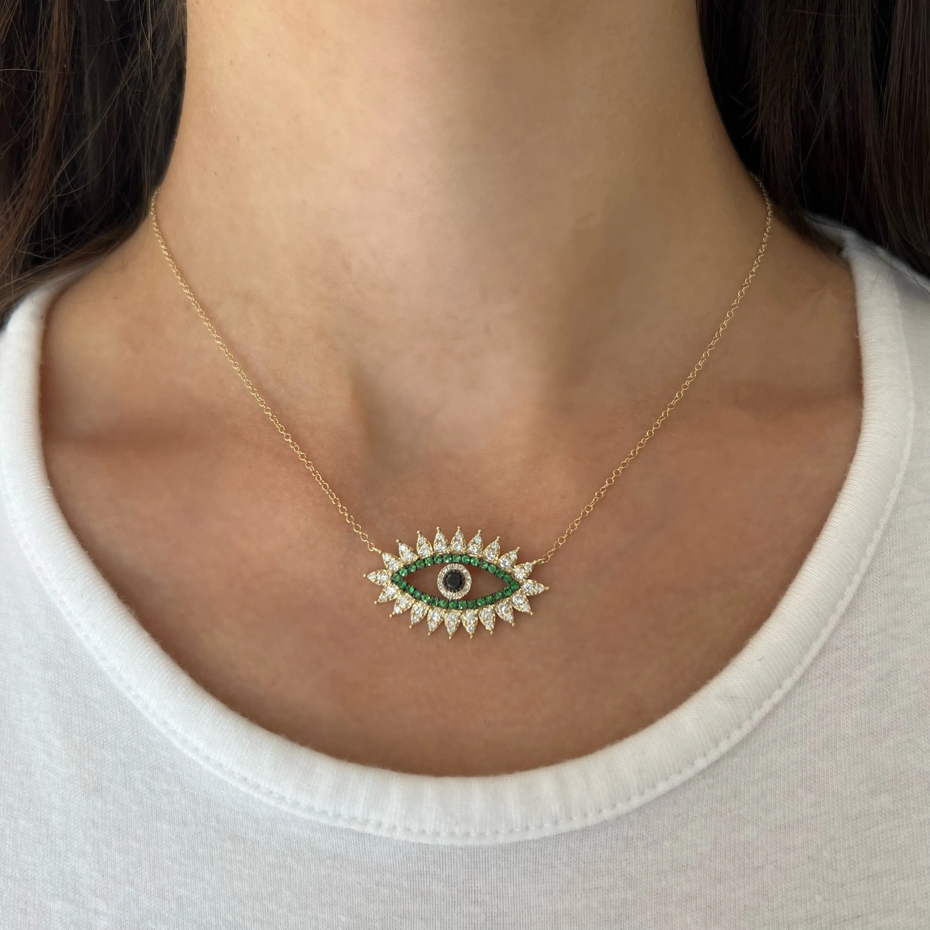 14K GOLD DIAMOND EMERALD AND BLACK DIAMOND EVIL EYE NECKLACE