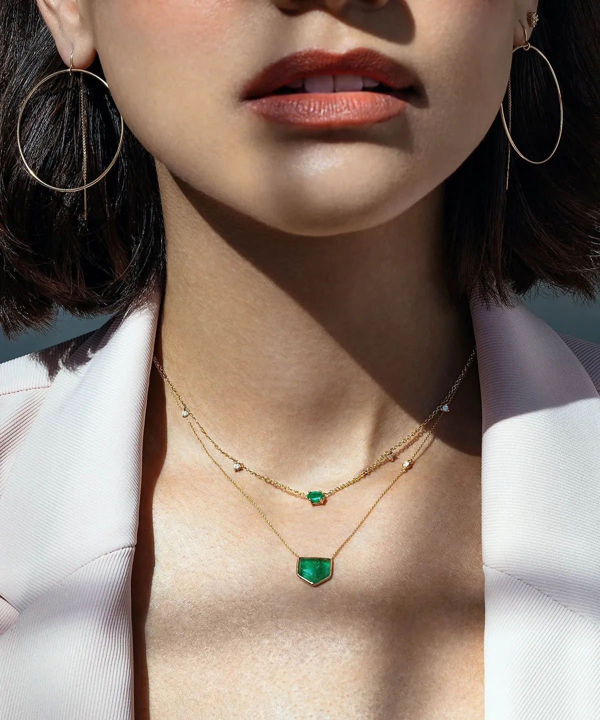 14K Gold Emerald & Diamond Station Necklace