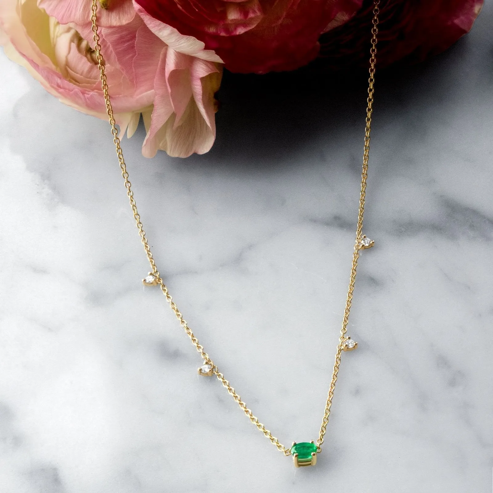 14K Gold Emerald & Diamond Station Necklace