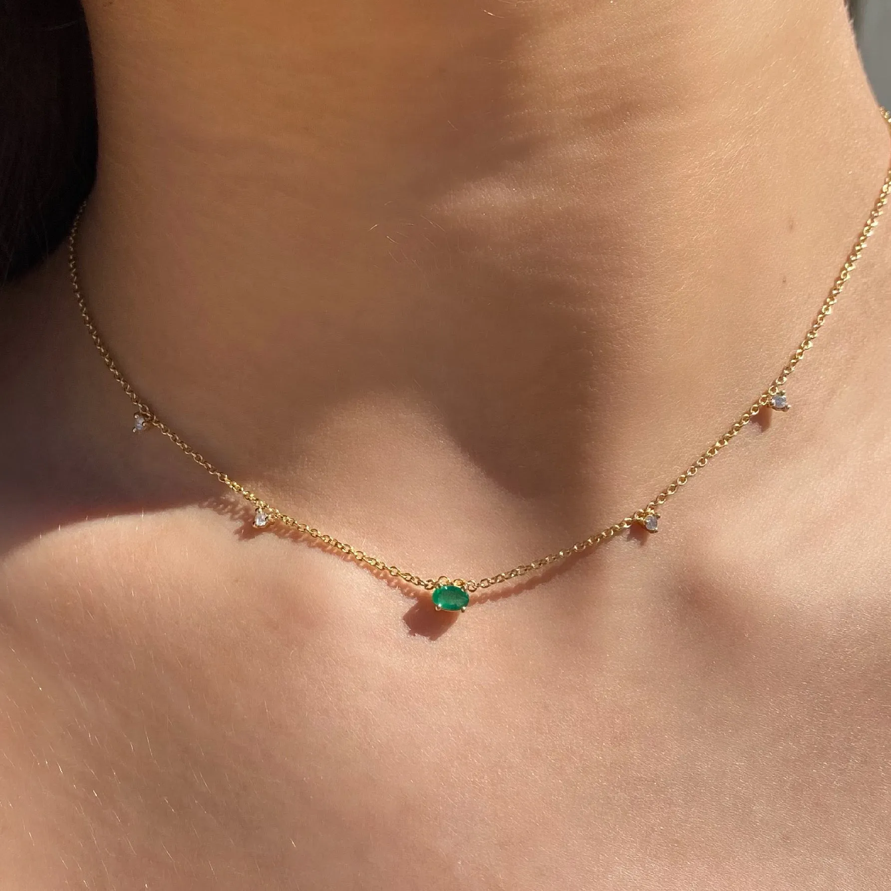 14K Gold Emerald & Diamond Station Necklace