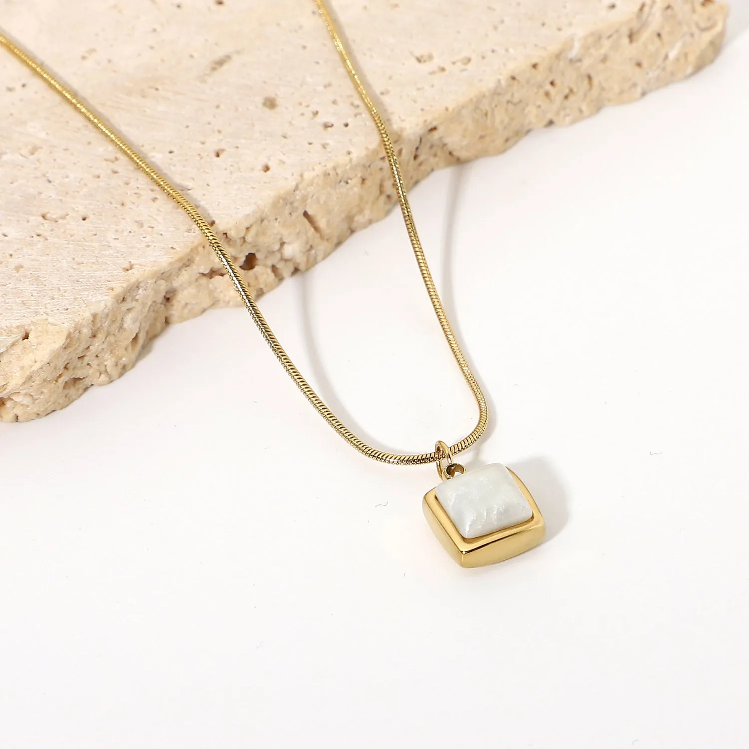 14K Gold Plated Stainless Steel Necklace Square White Jade Pendant Women's Jewelry