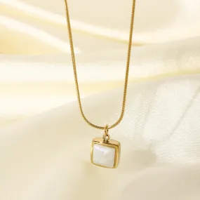 14K Gold Plated Stainless Steel Necklace Square White Jade Pendant Women's Jewelry