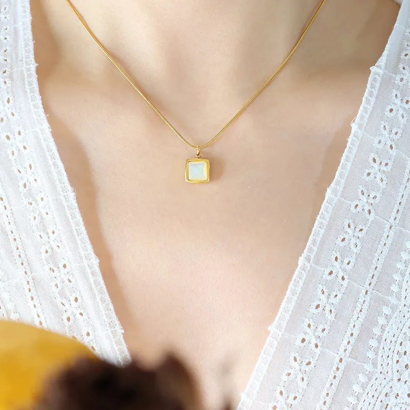 14K Gold Plated Stainless Steel Necklace Square White Jade Pendant Women's Jewelry