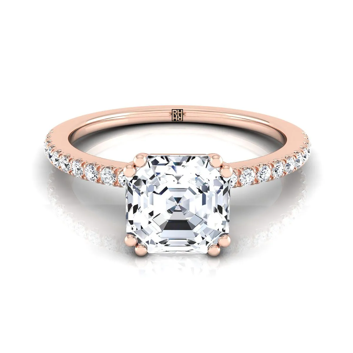 14K Rose Gold Asscher Cut Diamond Simple French Pave Double Claw Prong Engagement Ring -1/6ctw