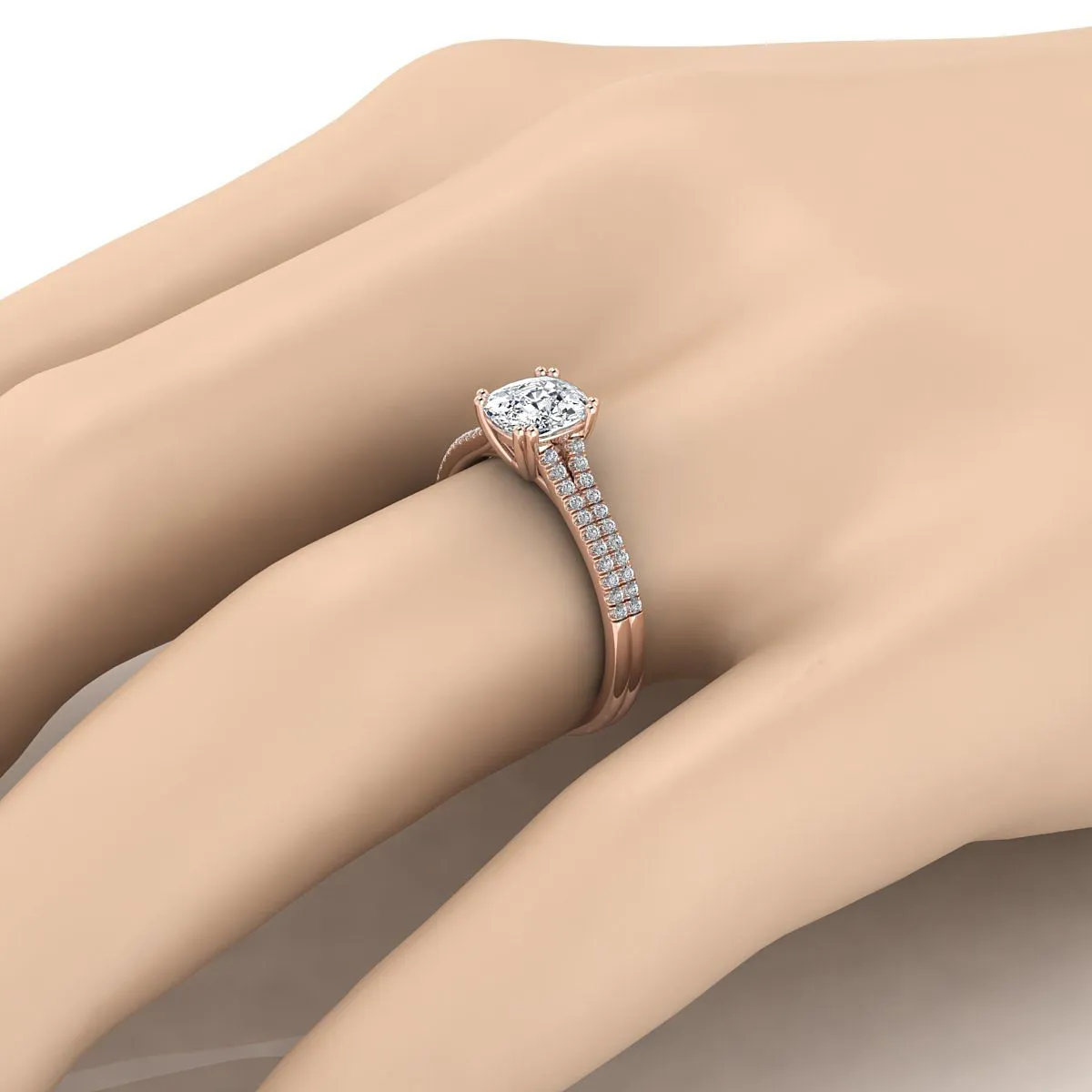 14K Rose Gold Cushion Diamond Double Row Double Prong French Pave Engagement Ring -1/6ctw