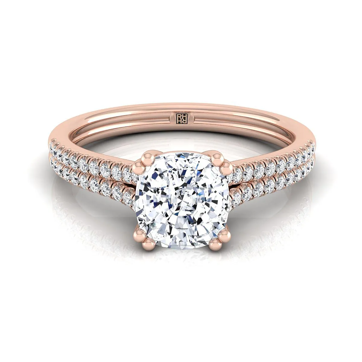 14K Rose Gold Cushion Diamond Double Row Double Prong French Pave Engagement Ring -1/6ctw