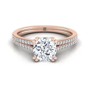 14K Rose Gold Cushion Diamond Double Row Double Prong French Pave Engagement Ring -1/6ctw