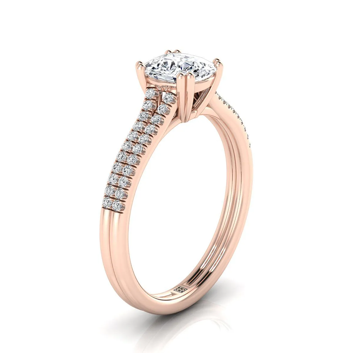 14K Rose Gold Cushion Diamond Double Row Double Prong French Pave Engagement Ring -1/6ctw