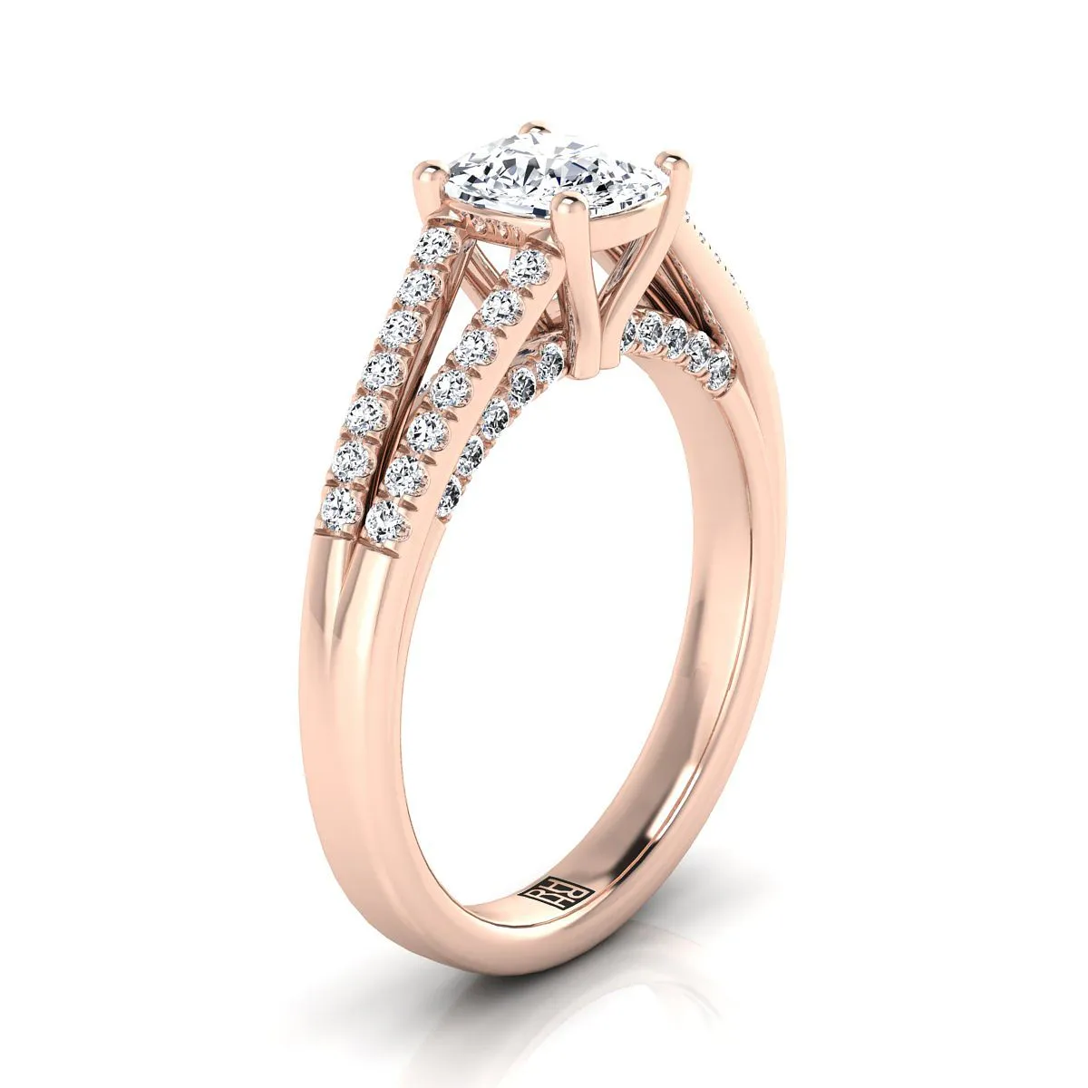 14K Rose Gold Cushion Diamond Split Shank French Pave Engagement Ring -1/3ctw