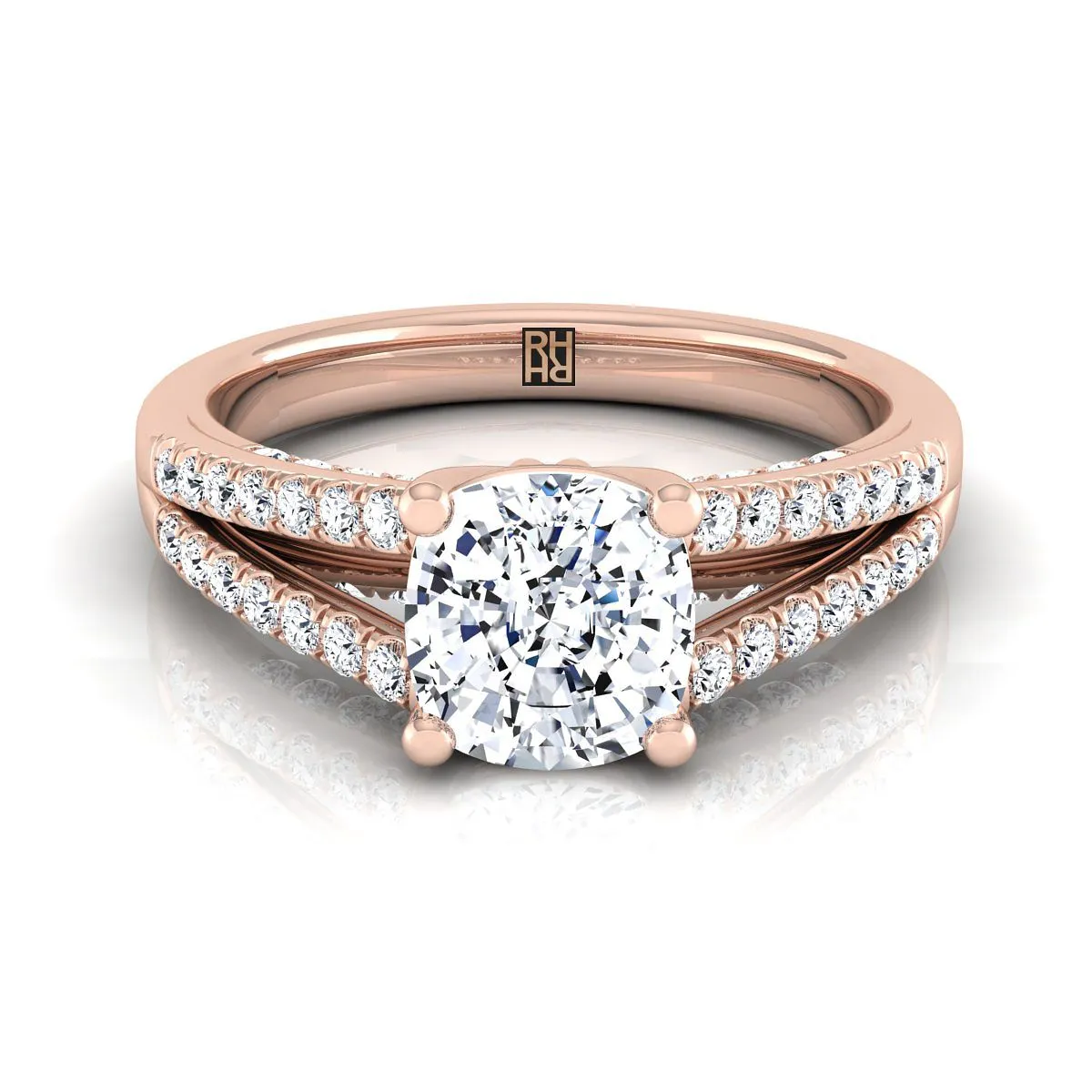 14K Rose Gold Cushion Diamond Split Shank French Pave Engagement Ring -1/3ctw