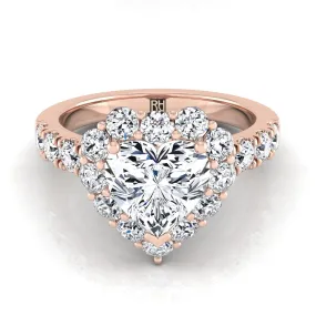 14K Rose Gold Heart Shape Center Diamond Luxe Style French Pave Halo Engagement Ring -1-1/10ctw