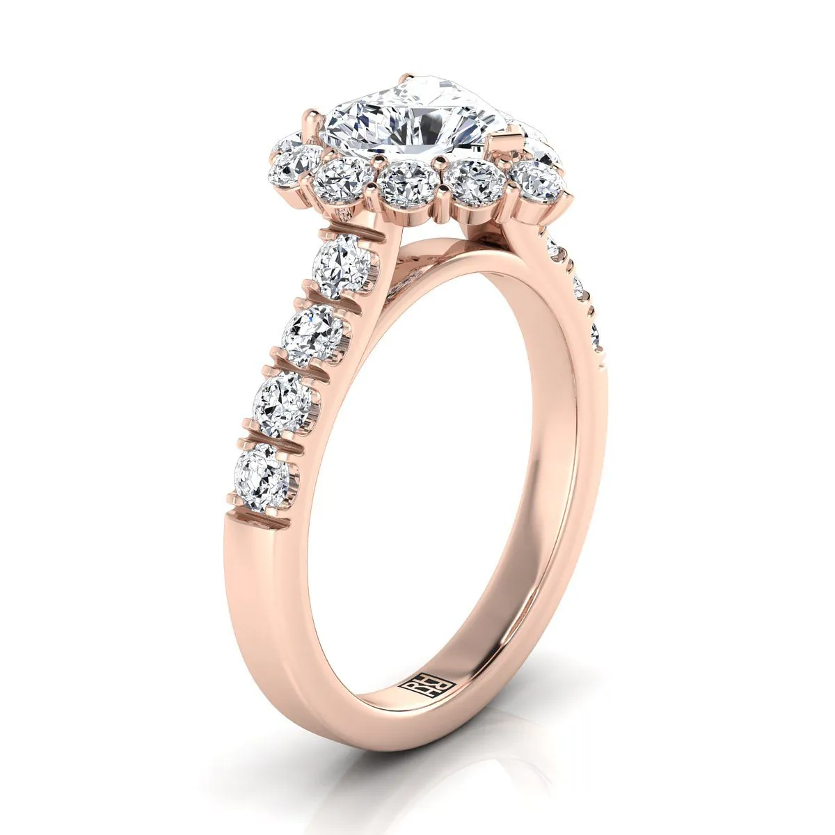 14K Rose Gold Heart Shape Center Diamond Luxe Style French Pave Halo Engagement Ring -1-1/10ctw