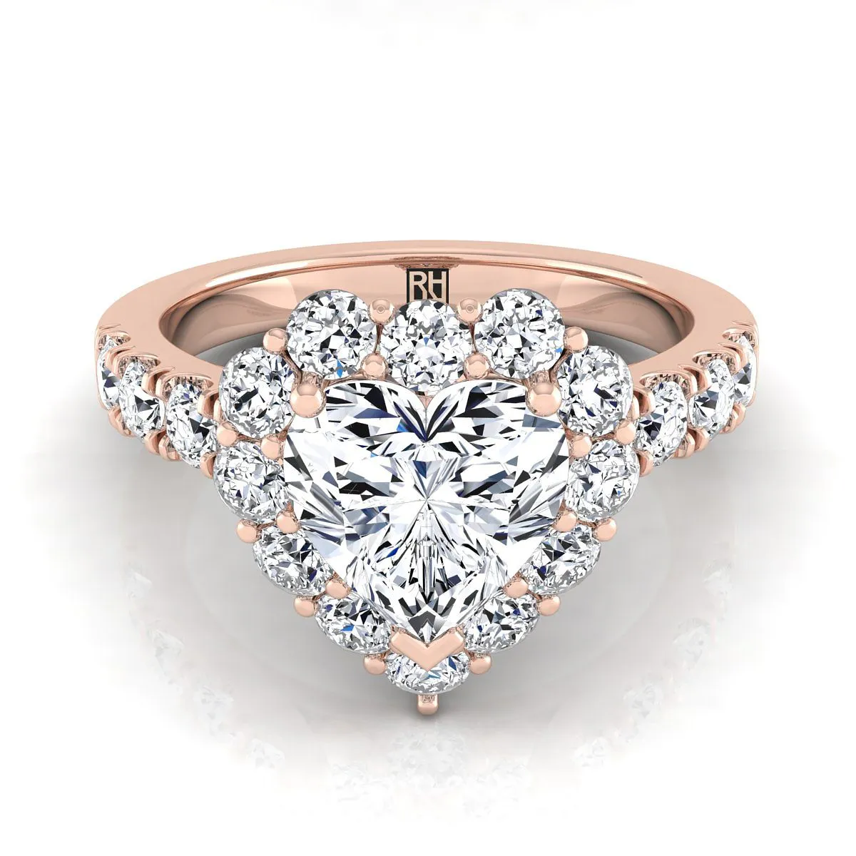 14K Rose Gold Heart Shape Center Diamond Luxe Style French Pave Halo Engagement Ring -1-1/10ctw