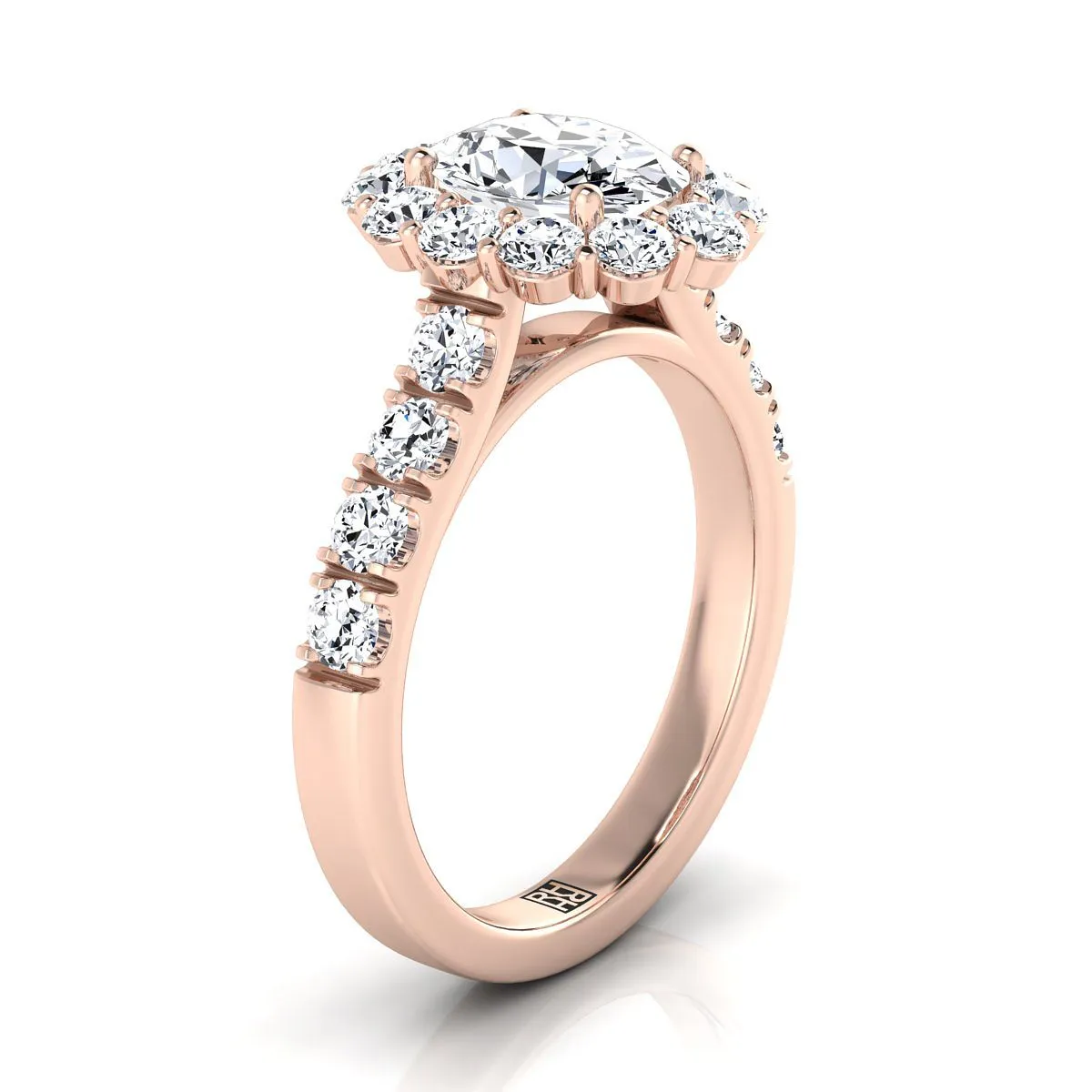 14K Rose Gold Oval Diamond Luxe Style French Pave Halo Engagement Ring -1-1/10ctw