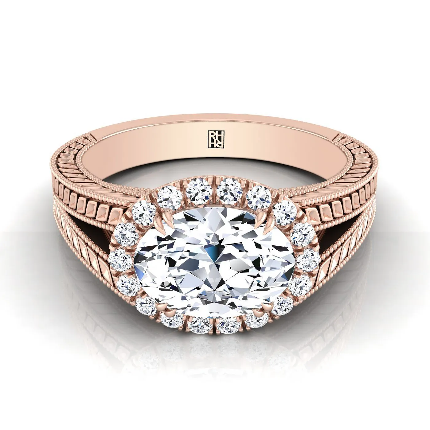 14K Rose Gold Oval Vintage Inspired Wheat Split Shank Diamond Halo Engagement Ring