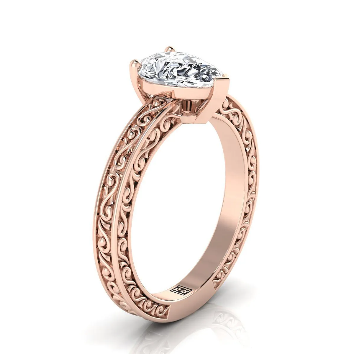 14K Rose Gold Pear Shape Center Hand Engraved Scroll Vintage Solitaire Engagement Ring