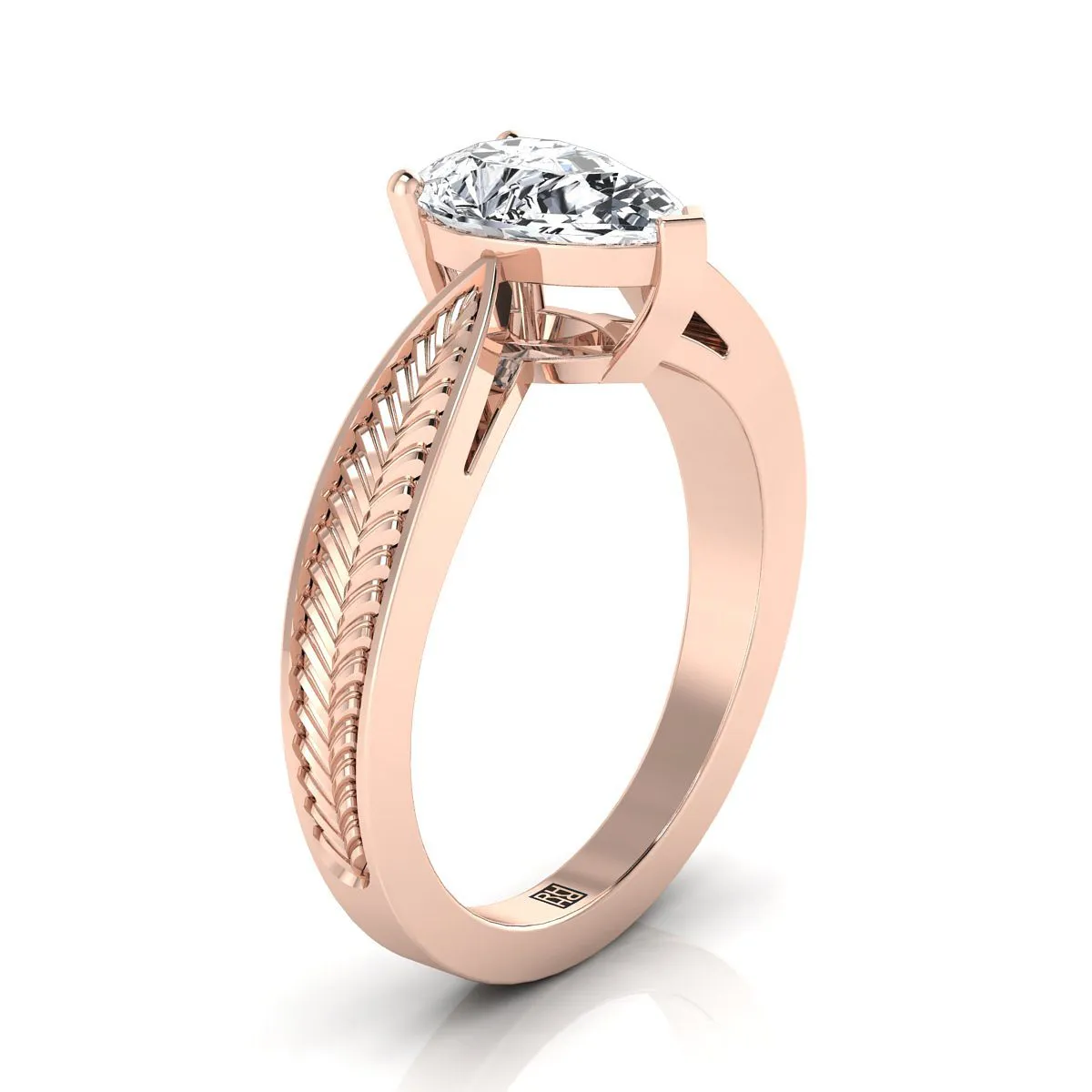 14K Rose Gold Pear Shape Center Vintage Inspired Leaf Pattern Pinched Solitaire Engagement Ring