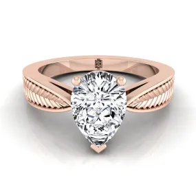 14K Rose Gold Pear Shape Center Vintage Inspired Leaf Pattern Pinched Solitaire Engagement Ring