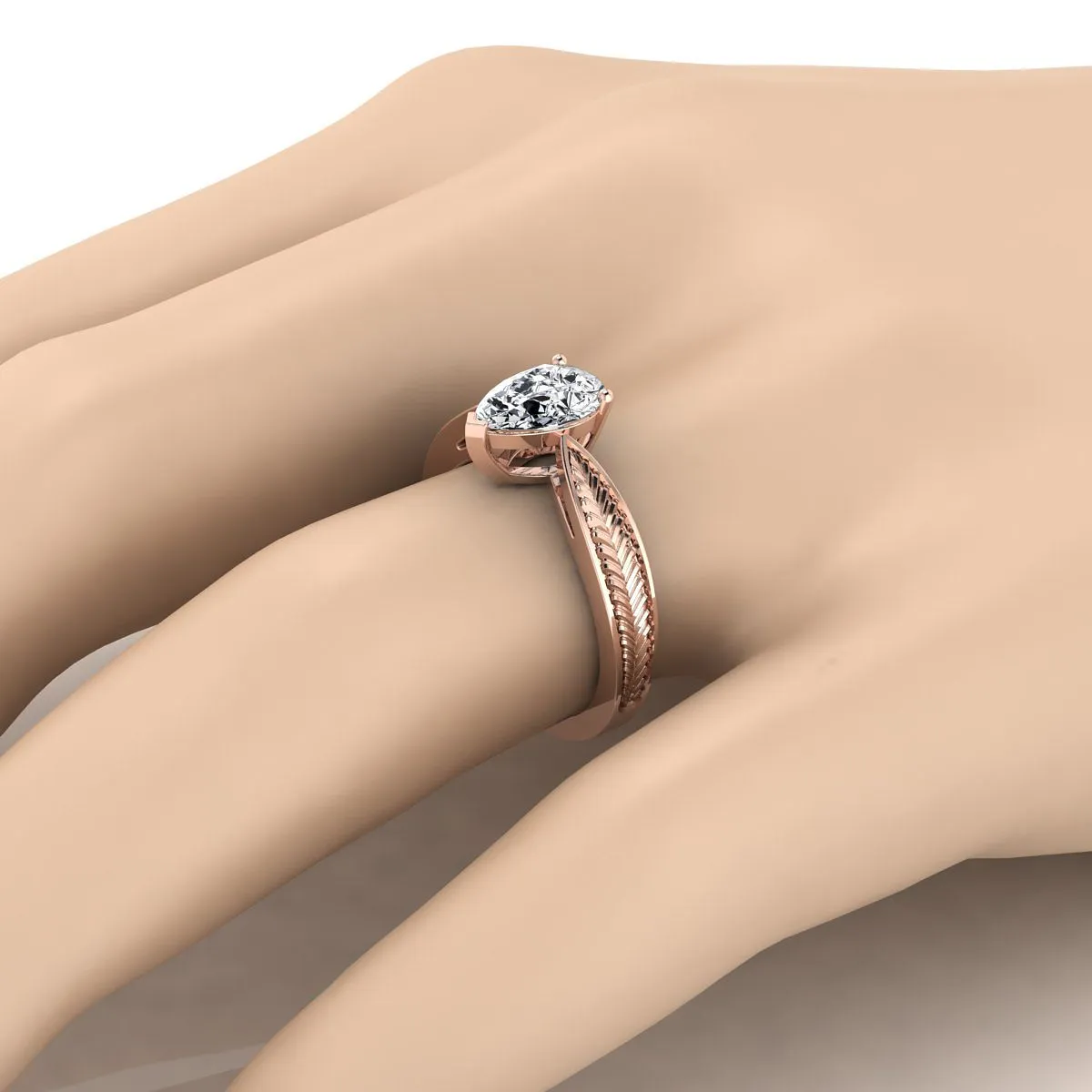 14K Rose Gold Pear Shape Center Vintage Inspired Leaf Pattern Pinched Solitaire Engagement Ring