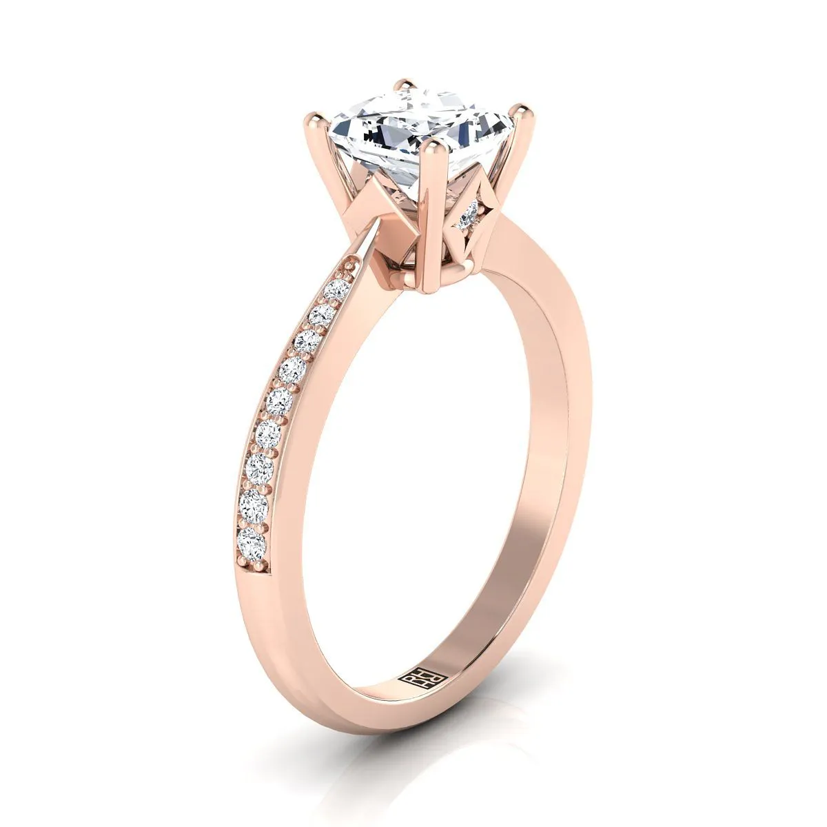 14K Rose Gold Princess Cut Diamond Tapered Pave Engagement Ring -1/8ctw