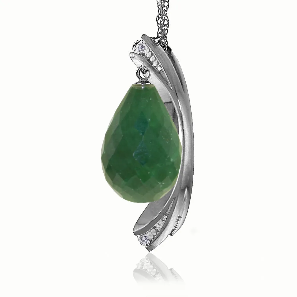 14K Solid White Gold Necklace w/ Natural Briolette Dyed Green Sapphire & Diamonds