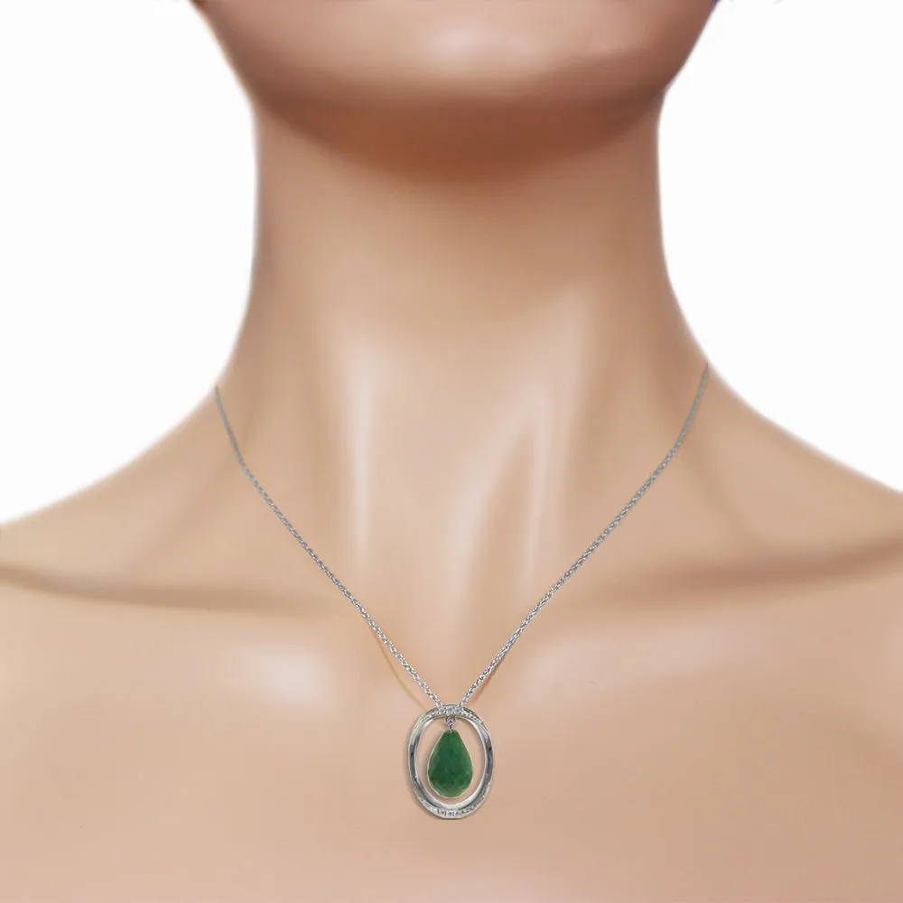 14K Solid White Gold Necklace w/ Natural Briolette Dyed Green Sapphire & Diamonds