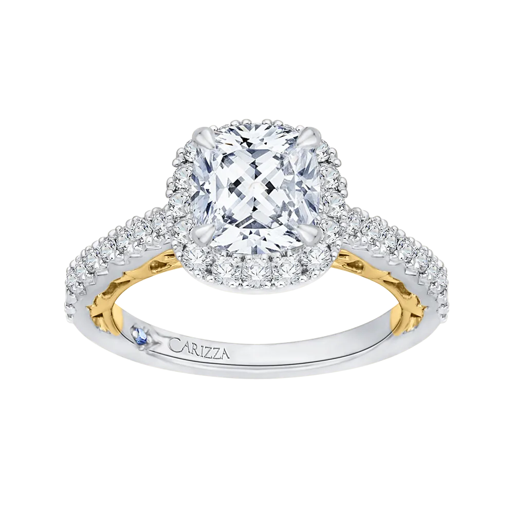 14K Two Tone Gold Cushion Diamond Halo Engagement Ring (Semi Mount)