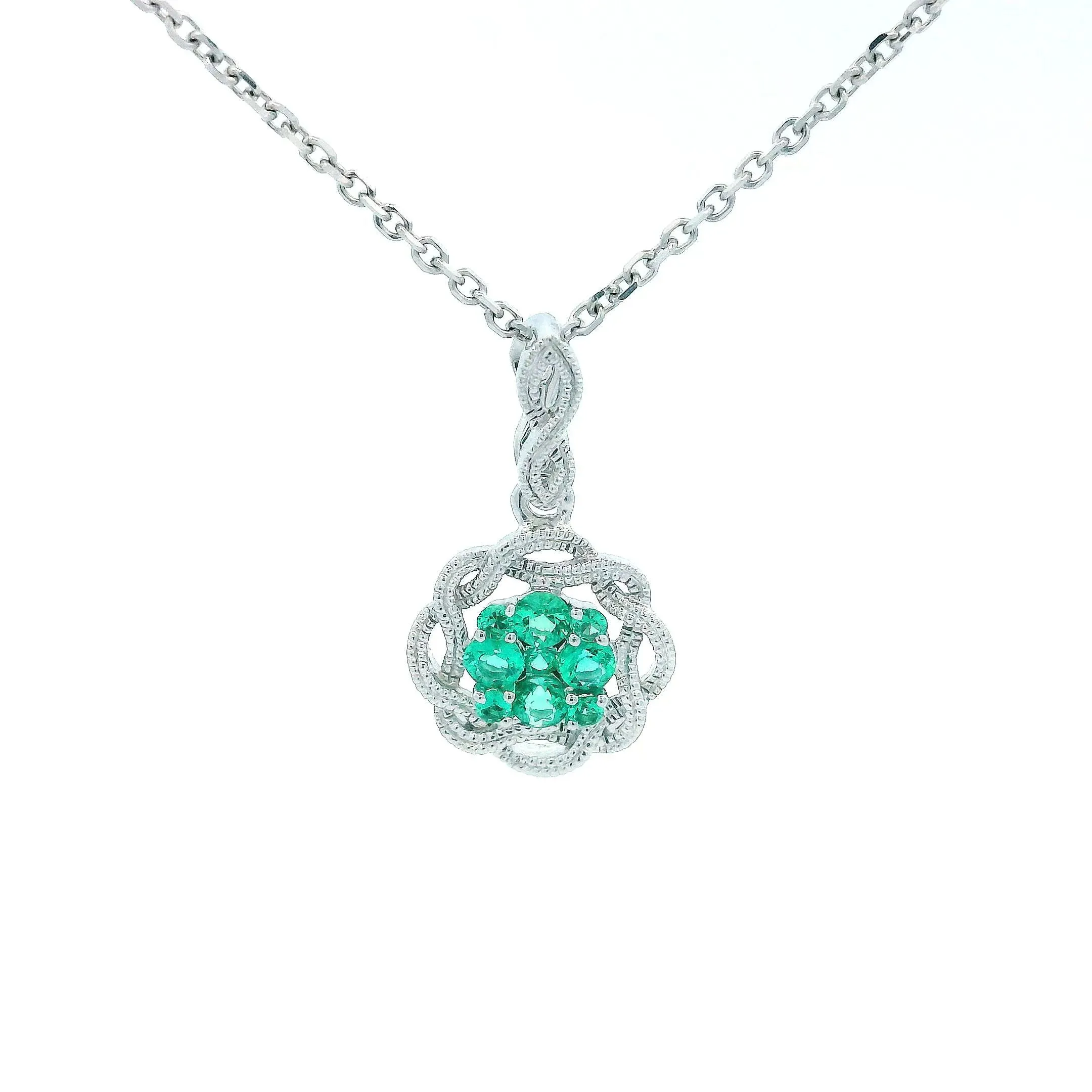 14K White Gold 0.26cttw. Emerald Cluster Braided Pendant