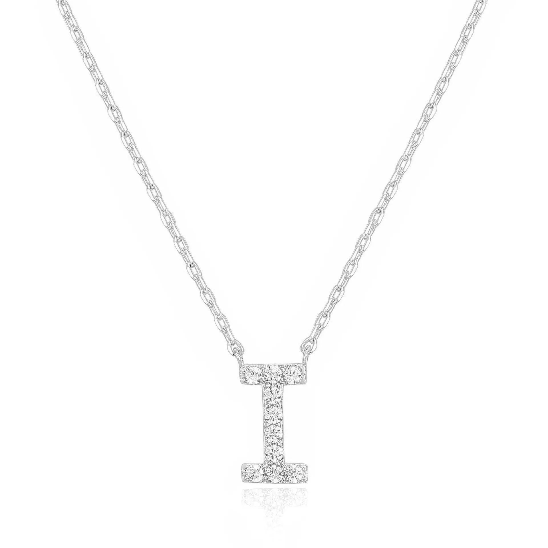 14k White Gold Created White Sapphire Initial I Letter Pendant Necklace Plated