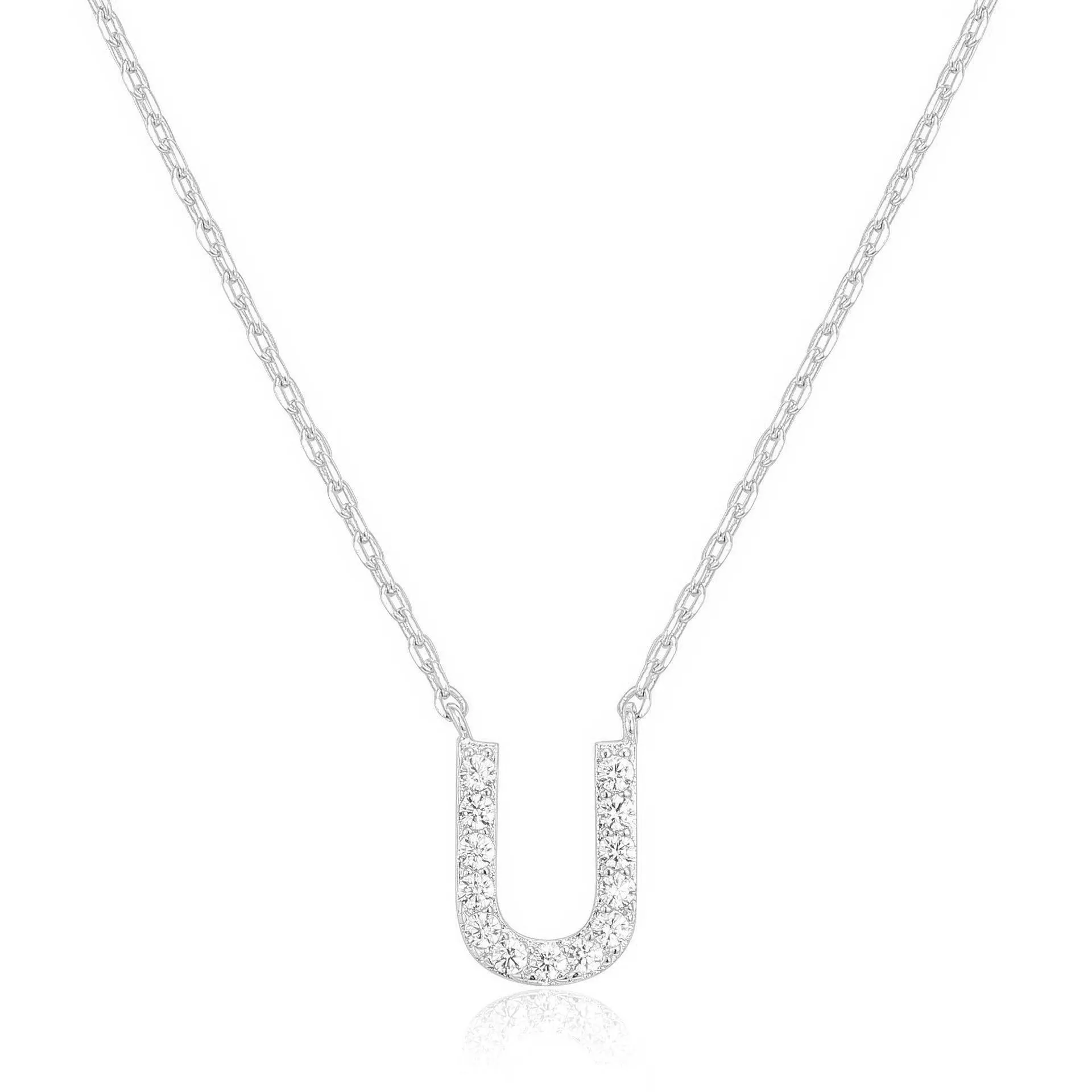 14k White Gold Created White Sapphire Initial U Letter Pendant Necklace Plated