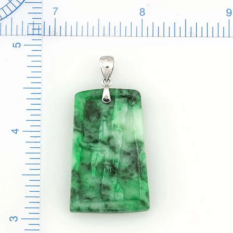 14k White Gold Green Jadeite Jade Carved Pendant