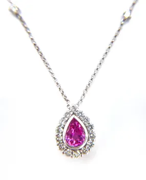 14K White Gold Pink Sapphire and Diamond Halo Necklace