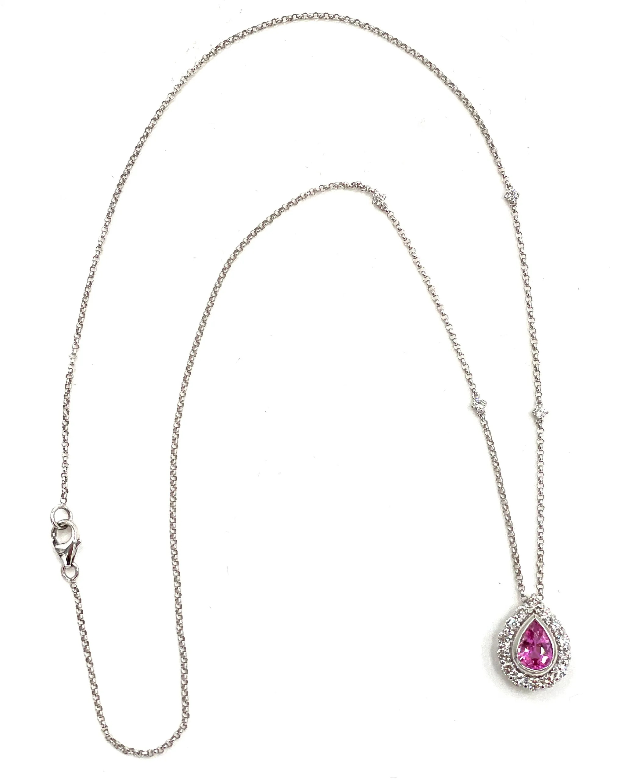 14K White Gold Pink Sapphire and Diamond Halo Necklace