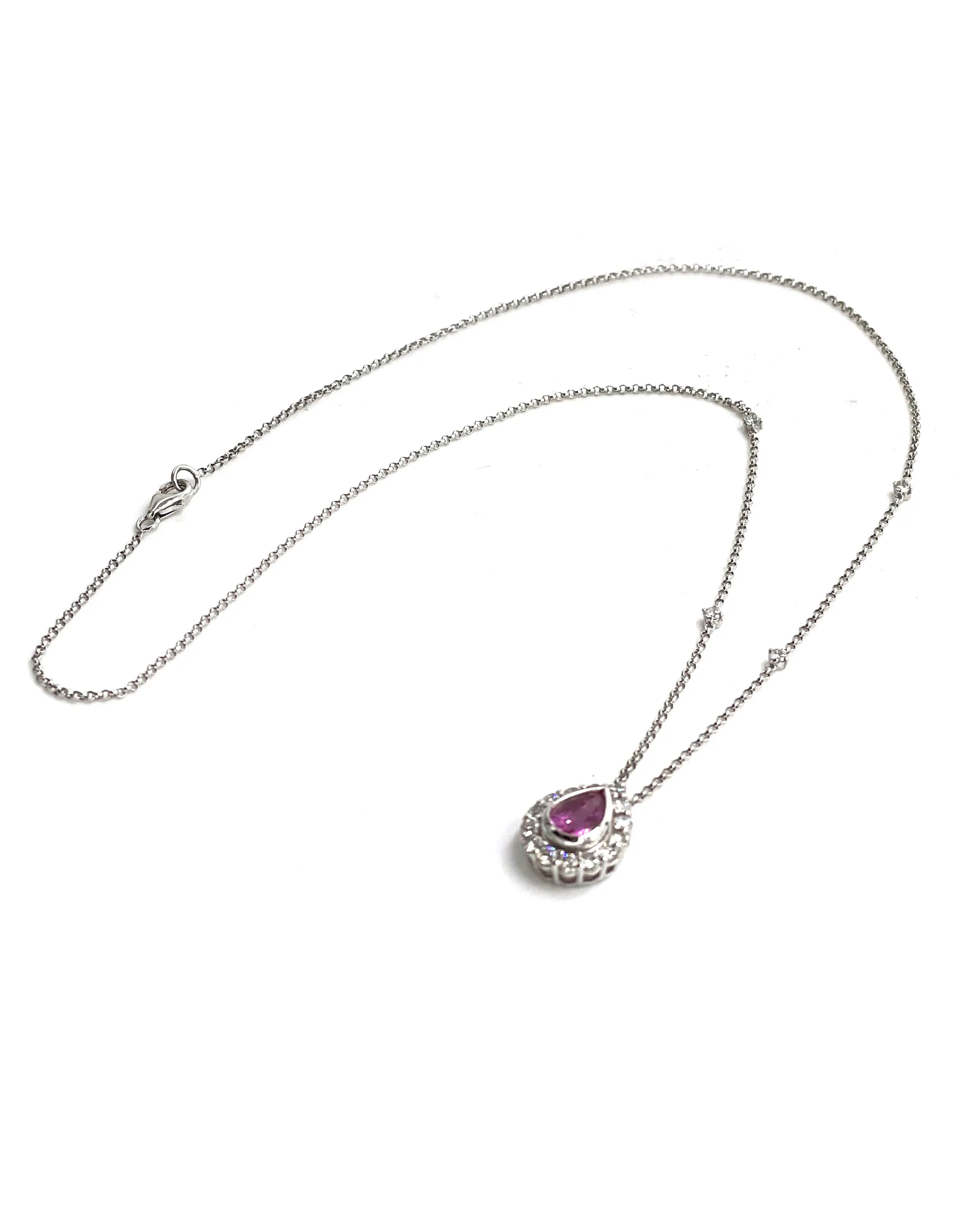 14K White Gold Pink Sapphire and Diamond Halo Necklace