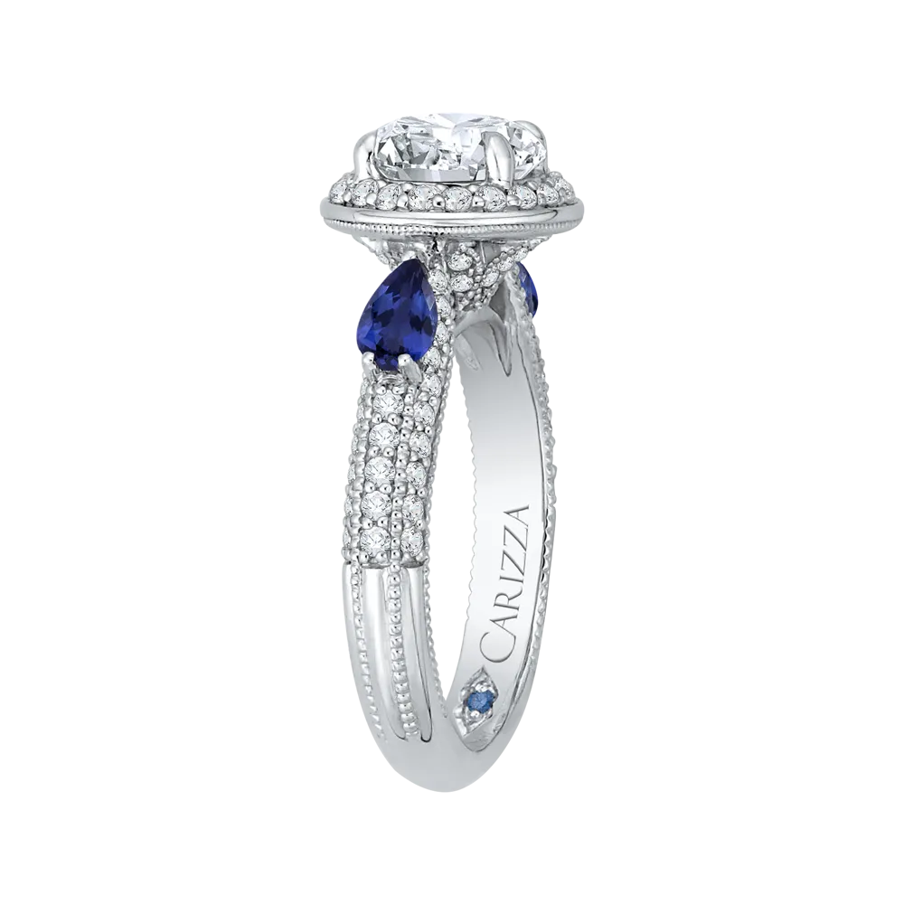 14K White Gold Round Diamond Halo Engagement Ring with Sapphire (Semi Mount)